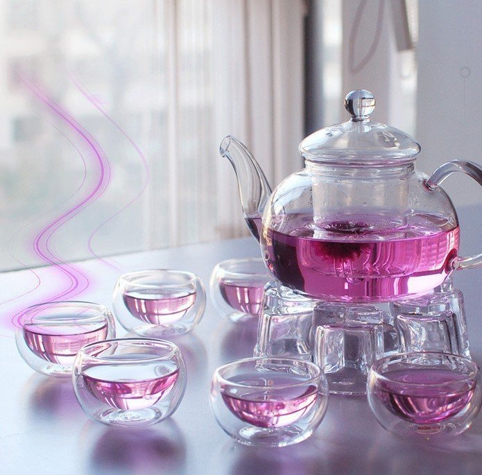 Glass Teapot Tea Set Infuser Warmer 6 Double Walled Cups